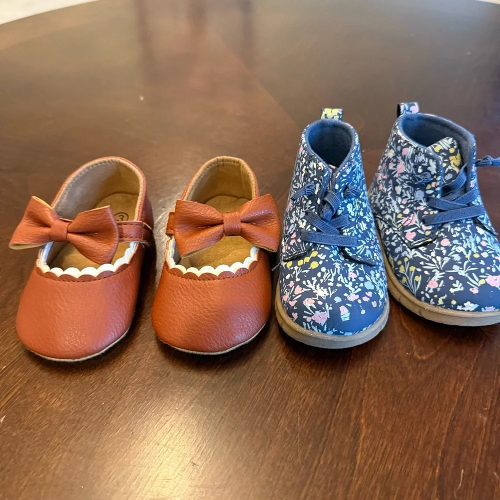 Not Rated Baby Shoes - Brown Bow and Blue Floral